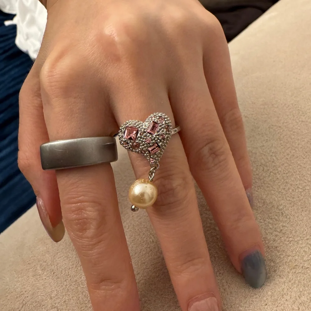 Miu Miu Sterling Silver 925 Crystal Heart Ring Pearl Pink Rhinestone Adjustable - Picture 5 of 9